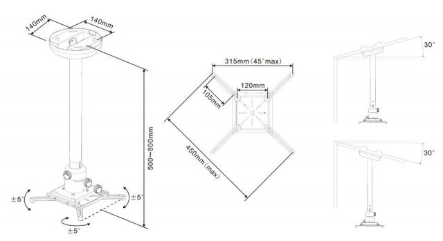 PROJECTORceilingMOUNT 300-480 - Soporte de techo para proyector hasta 15 kgs. Separación del techo 30-48 cms. C/ Blanco.