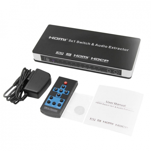 HSWA501 - Selector HDMI v1.4: 5 entradas a 1 salida. Salida audio.