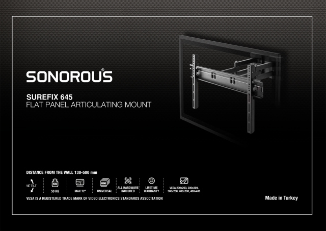 Sonorous - SUREFIX 645 - Soporte TV de pared con brazo. Separación de la pared: 50 cms. Para TV entre 32" y 72". Color negro.